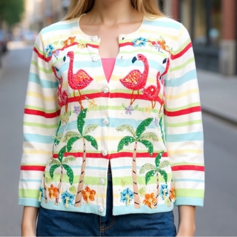Vintage Just B Artsy Whimsical Sequined Flamingo Striped Cardigan Sweater SZ S